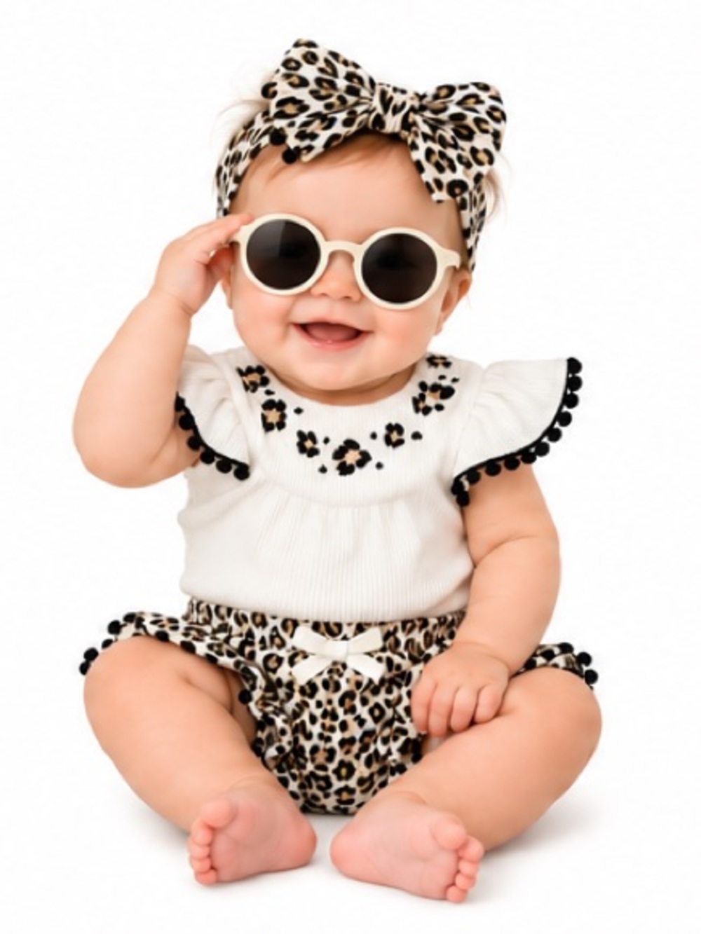 NEW - Rachel Zoe Leopard 4PC Outfit Set Bodysuit Bloomers Sunnies Headband 3-6M